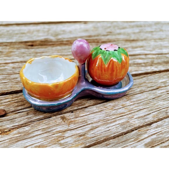 Vintage Salt Cellar  with pepper shaker Tray Pumpkin Lusterware - Picture 2 of 10